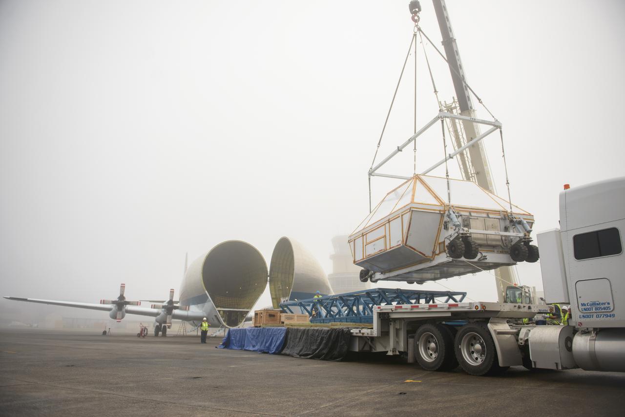Artemis I Orion departs Michoud Assembly Facility for Kennedy Space Center in Florida on Feb. 1, 2016. The vessel was loaded onto NASA's Super Guppy cargo aircraft.  Part of Batch image transfer from Flickr.