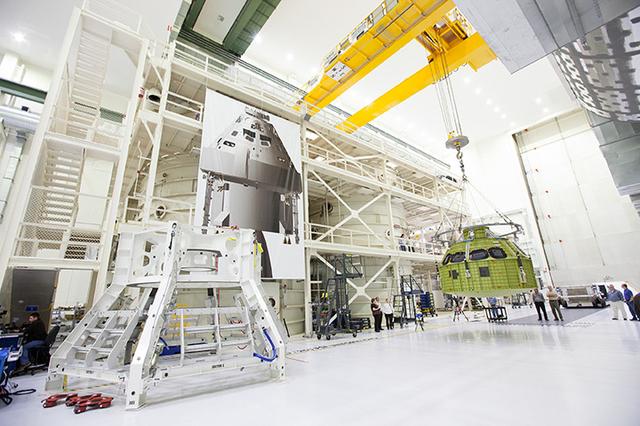 The Artemis I Orion pressure vessel sits fully unwrapped, lifted and moved to the birdcage inside the Operations and Checkout Building high bay at Kennedy Space Center on Feb. 2, 2016. Part of Batch image transfer from Flickr.