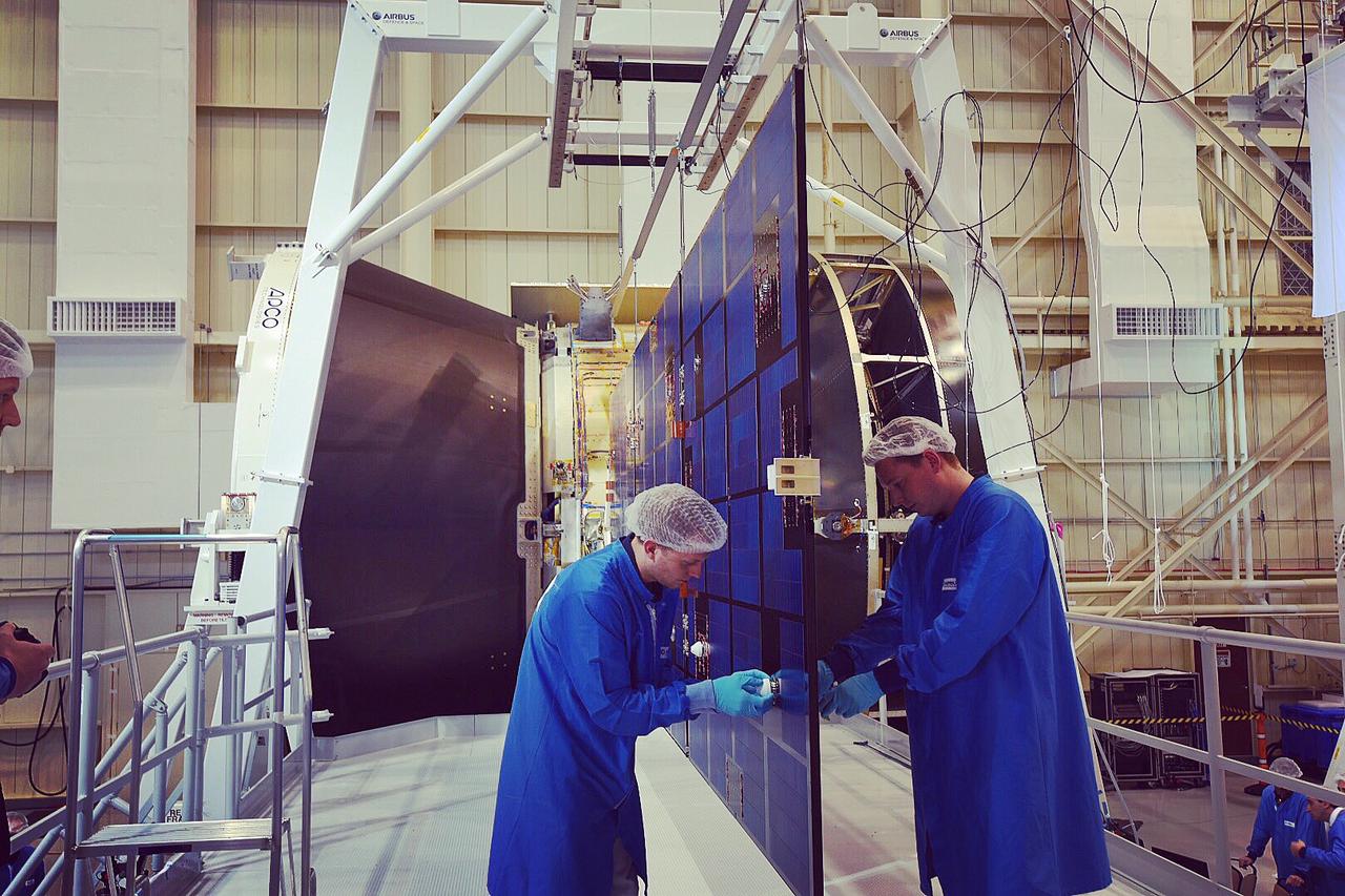 At NASA Glenn's Plum Brook Station in Sandusky, Ohio, one of Orion's solar array wings attached to a structural representation of the service module was deployed Feb. 29, 2016. The test was performed to ensure the wing can properly unfurl.