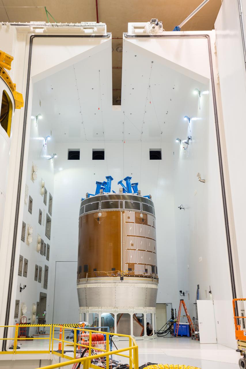 Engineers and technicians moved the Orion service module test article into the Reverberant Acoustic Test Facility at NASA Glenn Research Center’s Plum Brook Station in Sandusky, Ohio on April 8, 2016. Acoustic testing is scheduled to begin April 18. The blue structure sitting on top of the test article is a mass simulator that represents the Orion crew module...The test article will be blasted with at least 152 decibels and 20-10,000 hertz of sound pressure and vibration to simulate the intense sounds the Orion service module will be subjected to during launch and ascent into space atop the agency’s Space Launch System (SLS) rocket. This is part of a series of tests to verify the structural integrity of Orion’s service module for Exploration Mission-1, the spacecraft’s first flight atop SLS...Provided by ESA (European Space Agency) and built by Airbus Defence and Space, the service module will power, propel and cool the vehicle and also supply it with air and water.