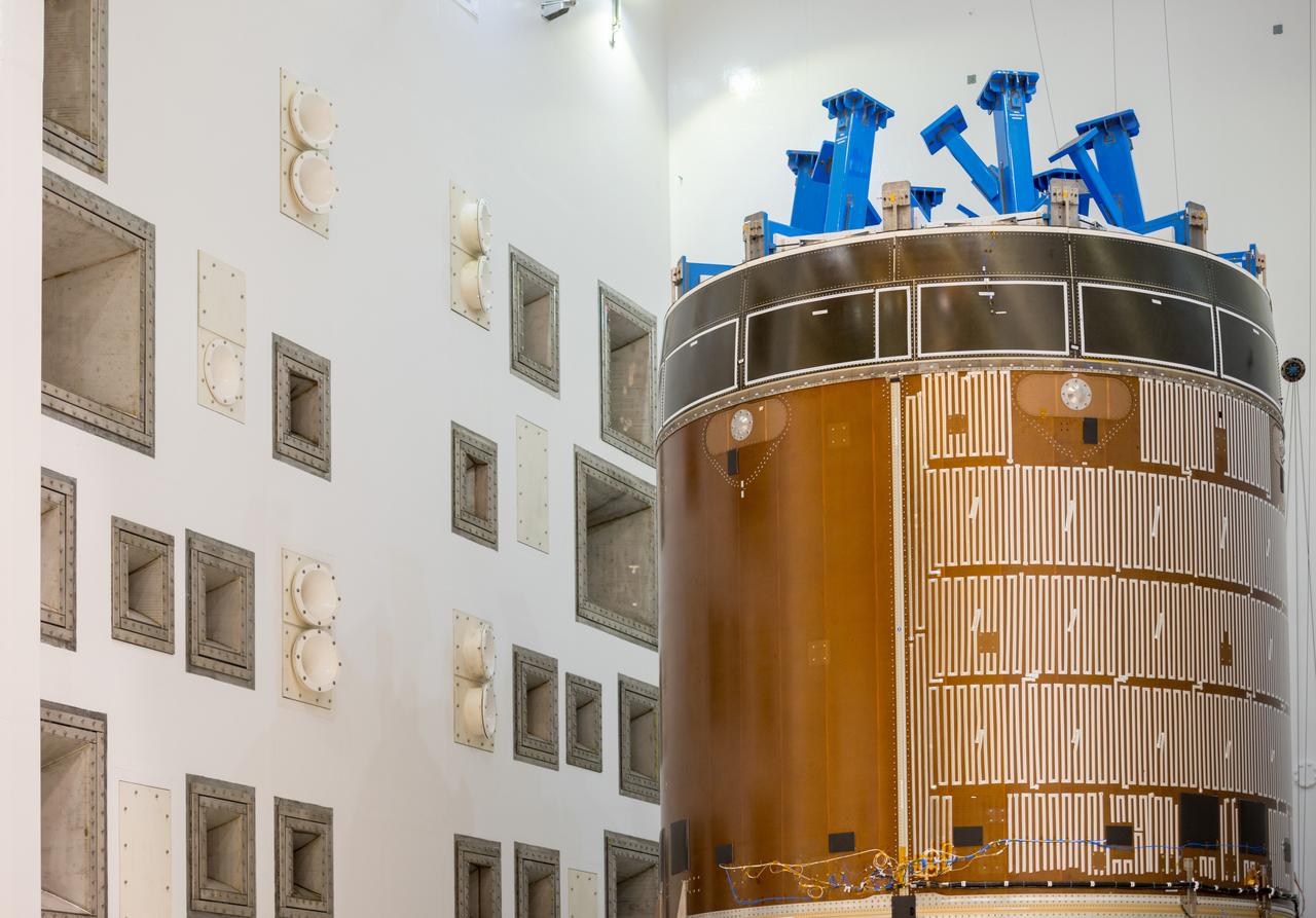 Engineers and technicians moved the Orion service module test article into the Reverberant Acoustic Test Facility at NASA Glenn Research Center’s Plum Brook Station in Sandusky, Ohio on April 8, 2016. Acoustic testing is scheduled to begin April 18. The blue structure sitting on top of the test article is a mass simulator that represents the Orion crew module...The test article will be blasted with at least 152 decibels and 20-10,000 hertz of sound pressure and vibration to simulate the intense sounds the Orion service module will be subjected to during launch and ascent into space atop the agency’s Space Launch System (SLS) rocket. This is part of a series of tests to verify the structural integrity of Orion’s service module for Exploration Mission-1, the spacecraft’s first flight atop SLS...Provided by ESA (European Space Agency) and built by Airbus Defence and Space, the service module will power, propel and cool the vehicle and also supply it with air and water.