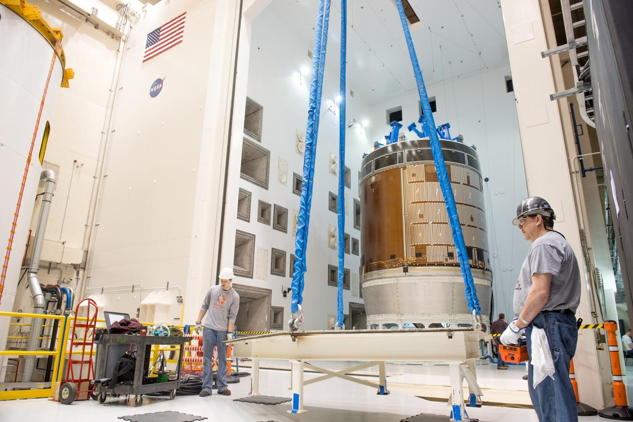 Engineers and technicians moved the Orion service module test article into the Reverberant Acoustic Test Facility at NASA Glenn Research Center’s Plum Brook Station in Sandusky, Ohio on April 8, 2016. Acoustic testing is scheduled to begin April 18. The blue structure sitting on top of the test article is a mass simulator that represents the Orion crew module...The test article will be blasted with at least 152 decibels and 20-10,000 hertz of sound pressure and vibration to simulate the intense sounds the Orion service module will be subjected to during launch and ascent into space atop the agency’s Space Launch System (SLS) rocket. This is part of a series of tests to verify the structural integrity of Orion’s service module for Exploration Mission-1, the spacecraft’s first flight atop SLS...Provided by ESA (European Space Agency) and built by Airbus Defence and Space, the service module will power, propel and cool the vehicle and also supply it with air and water.