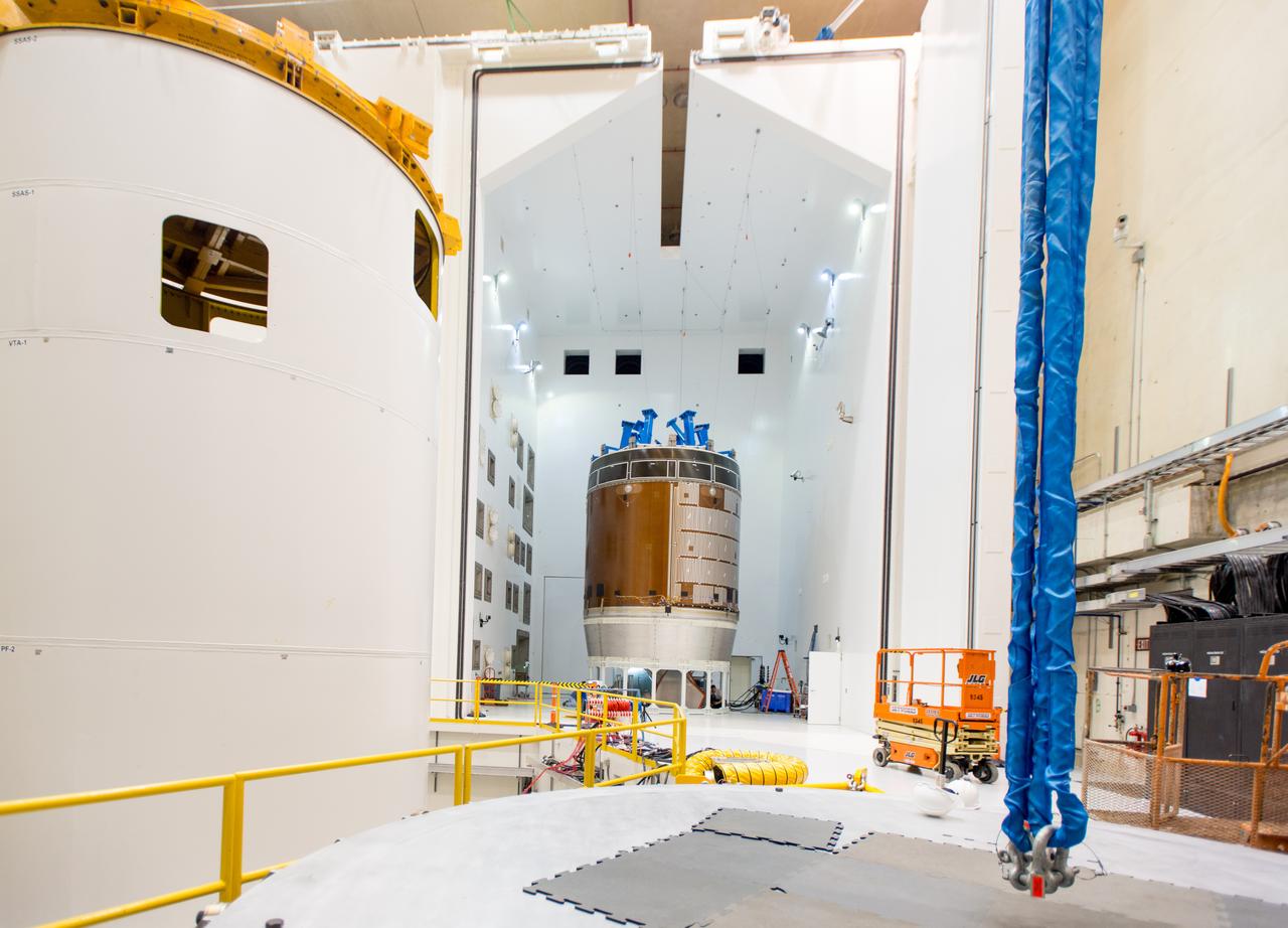 Engineers and technicians moved the Orion service module test article into the Reverberant Acoustic Test Facility at NASA Glenn Research Center’s Plum Brook Station in Sandusky, Ohio on April 8, 2016. Acoustic testing is scheduled to begin April 18. The blue structure sitting on top of the test article is a mass simulator that represents the Orion crew module...The test article will be blasted with at least 152 decibels and 20-10,000 hertz of sound pressure and vibration to simulate the intense sounds the Orion service module will be subjected to during launch and ascent into space atop the agency’s Space Launch System (SLS) rocket. This is part of a series of tests to verify the structural integrity of Orion’s service module for Exploration Mission-1, the spacecraft’s first flight atop SLS...Provided by ESA (European Space Agency) and built by Airbus Defence and Space, the service module will power, propel and cool the vehicle and also supply it with air and water.