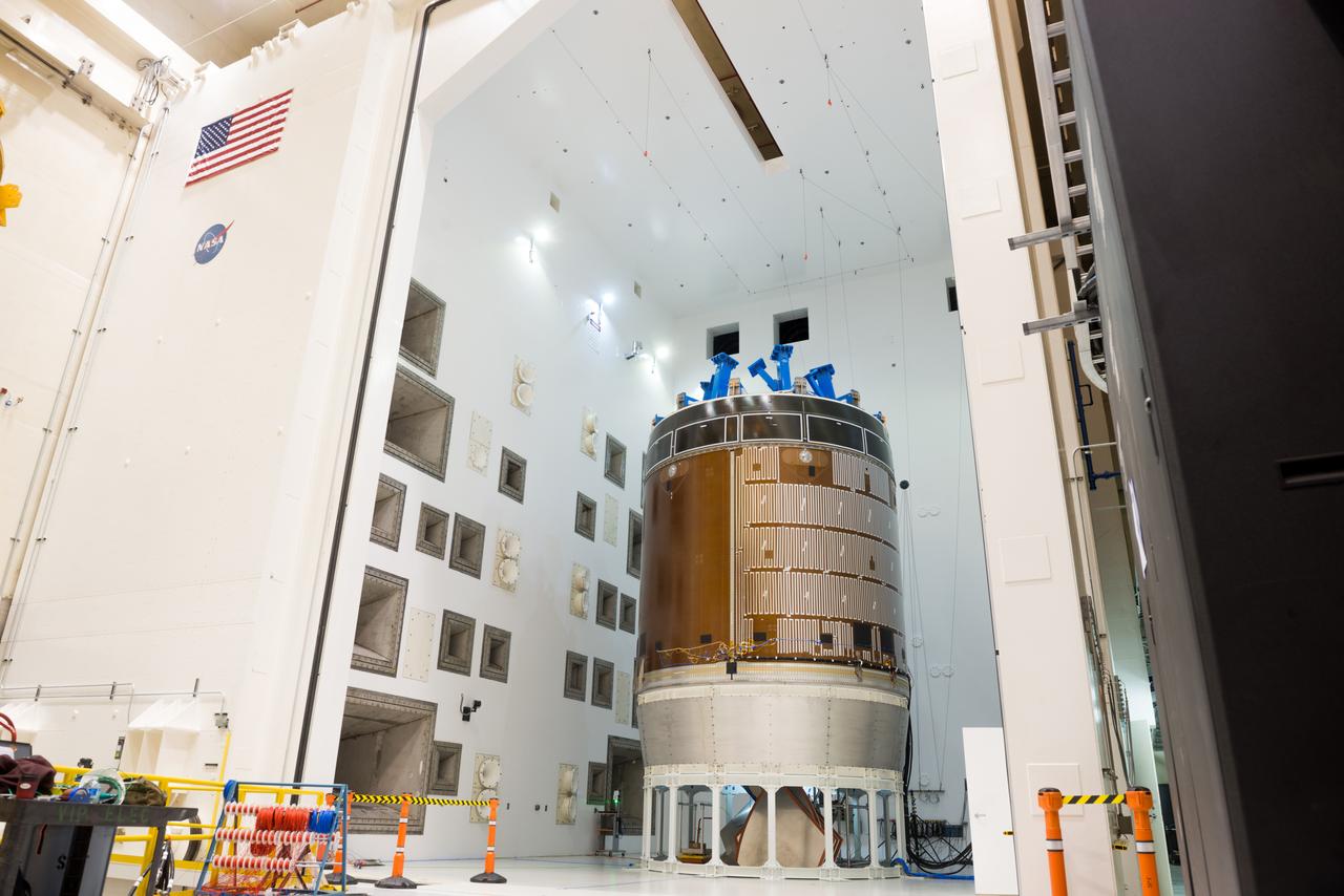 Engineers and technicians moved the Orion service module test article into the Reverberant Acoustic Test Facility at NASA Glenn Research Center’s Plum Brook Station in Sandusky, Ohio on April 8, 2016. Acoustic testing is scheduled to begin April 18. The blue structure sitting on top of the test article is a mass simulator that represents the Orion crew module...The test article will be blasted with at least 152 decibels and 20-10,000 hertz of sound pressure and vibration to simulate the intense sounds the Orion service module will be subjected to during launch and ascent into space atop the agency’s Space Launch System (SLS) rocket. This is part of a series of tests to verify the structural integrity of Orion’s service module for Exploration Mission-1, the spacecraft’s first flight atop SLS...Provided by ESA (European Space Agency) and built by Airbus Defence and Space, the service module will power, propel and cool the vehicle and also supply it with air and water.
