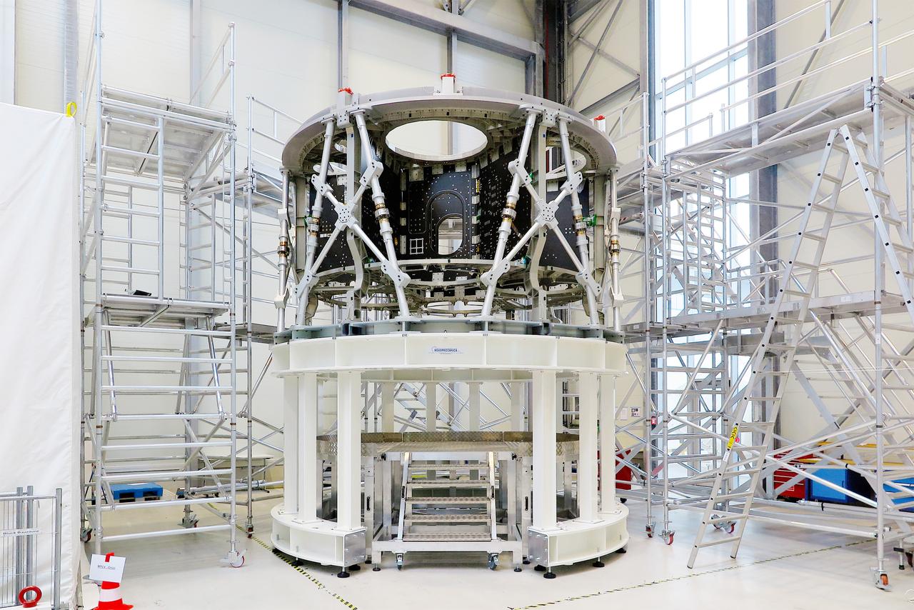 The Artemis I Service Module primary structure arrives at the Airbus Defence and Space facility in Bremen, Germany on April 25, 2016.
