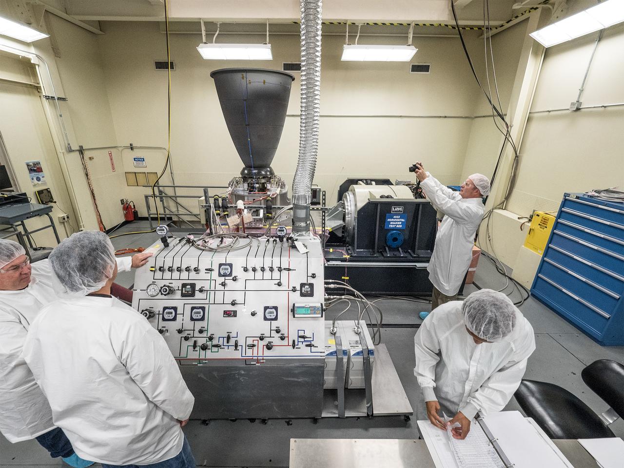 An Orbital Maneuvering System engine is vibration tested at NASA’s Johnson Space Center in Houston on June 16, 2016, before shipment to the agency’s White Sands Test Facility in New Mexico, where it will be fired to qualify the engine for use on Orion’s service module. The vibration testing will help ensure the engine can withstand the loads induced by launch on the agency’s Space Launch System rocket. This summer, another Orbital Maneuvering System engine will be tested at Johnson before it is supplied to ESA (European Space Agency) to integrate into Orion's service module, which will power, propel and cool Orion in space, and also provide consumables like air and water for future crews. ..ESA and its contractor Airbus Defence and Space are providing the service module for Artemis I. This Orbital Maneuvering System engine was used on the space shuttle to provide the thrust for orbital insertion, orbit circularization, orbit transfer, rendezvous, deorbit and abort situations and flew on 31 shuttle flights. The engine flying on Artemis I flew on 19 space shuttle flights, beginning with STS-41G in October 1984 and ending with STS-112 in October 2002.