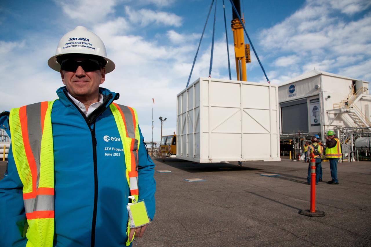 The European Service Module Propulsion Qualification Module (PQM) arrives at White Sands Test Facility in New Mexico on Feb. 18, 2017.
