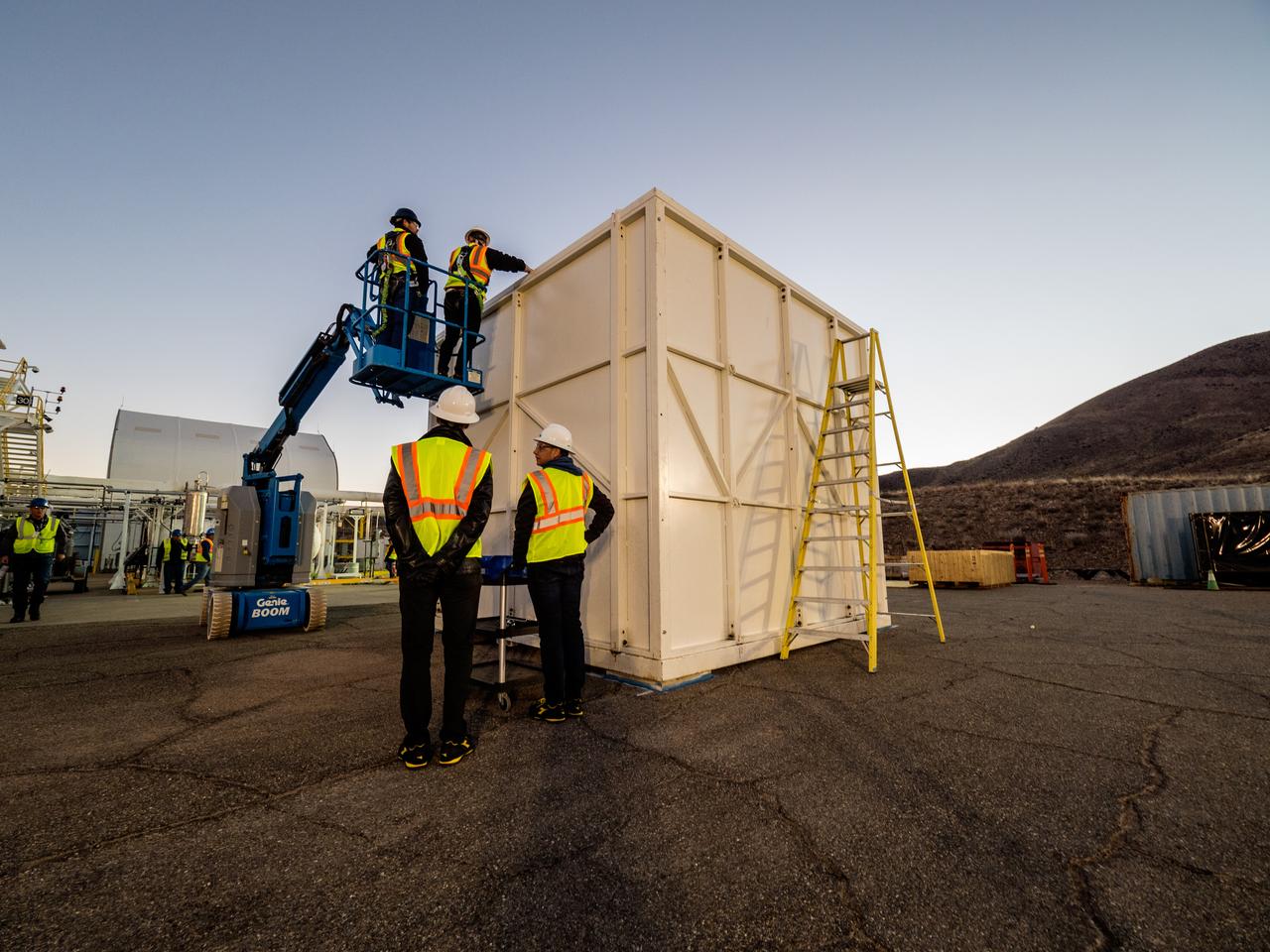 On Feb. 21, 2017 engineers successfully install ESA’s European Service Module Propulsion Qualification Module (PQM) at NASA’s White Sands Test Facility in New Mexico that was delivered by Airbus – ESA’s prime contractor for the Service Module. The module will be equipped with a total of 21 engines to support NASA’s Orion spacecraft: one U.S. Space Shuttle Orbital Maneuvering System (OMS) engine, eight auxiliary thrusters and 12 smaller thrusters produced by Airbus Safran Launchers in Germany. The all-steel PQM structure is used to test the propulsion systems on Orion, including “hot firing” of the OMS engine and thrusters.
