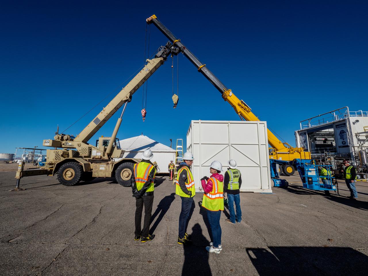 On Feb. 21, 2017 engineers successfully install ESA’s European Service Module Propulsion Qualification Module (PQM) at NASA’s White Sands Test Facility in New Mexico that was delivered by Airbus – ESA’s prime contractor for the Service Module. The module will be equipped with a total of 21 engines to support NASA’s Orion spacecraft: one U.S. Space Shuttle Orbital Maneuvering System (OMS) engine, eight auxiliary thrusters and 12 smaller thrusters produced by Airbus Safran Launchers in Germany. The all-steel PQM structure is used to test the propulsion systems on Orion, including “hot firing” of the OMS engine and thrusters.