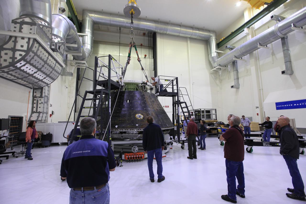 The Exploration Flight Test-1 (EFT-1) Crew Module undergoes preparations to move from the Operations and Checkout Building at Kennedy Space Center to the KSC Visitor Complex on April 6, 2017.
