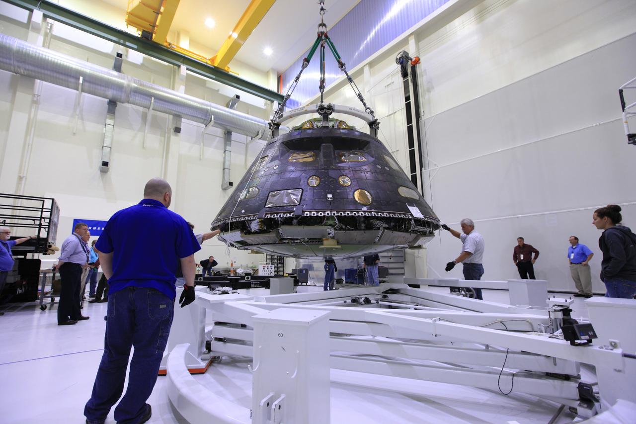 The Exploration Flight Test-1 (EFT-1) Crew Module undergoes preparations to move from the Operations and Checkout Building at Kennedy Space Center to the KSC Visitor Complex on April 6, 2017.