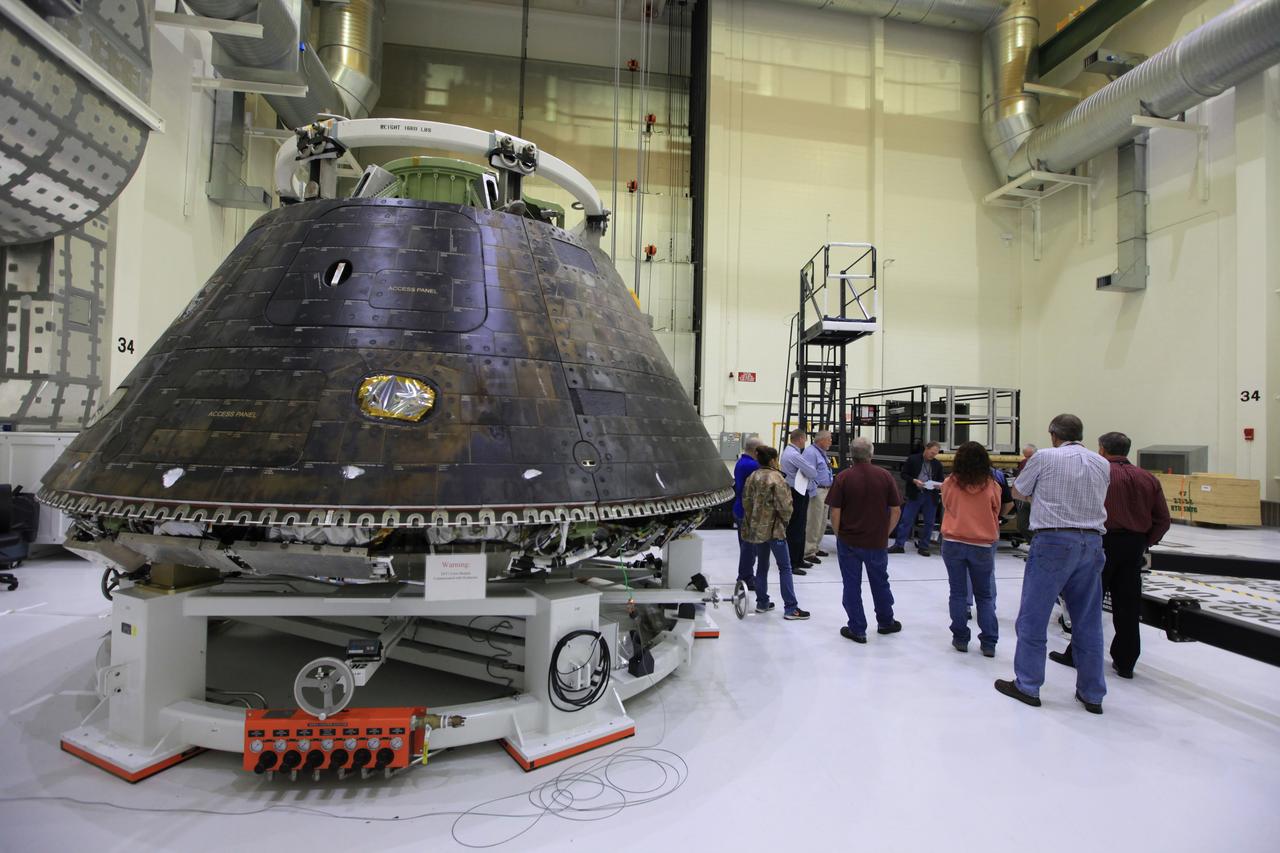 The Exploration Flight Test-1 (EFT-1) Crew Module undergoes preparations to move from the Operations and Checkout Building at Kennedy Space Center to the KSC Visitor Complex on April 6, 2017.