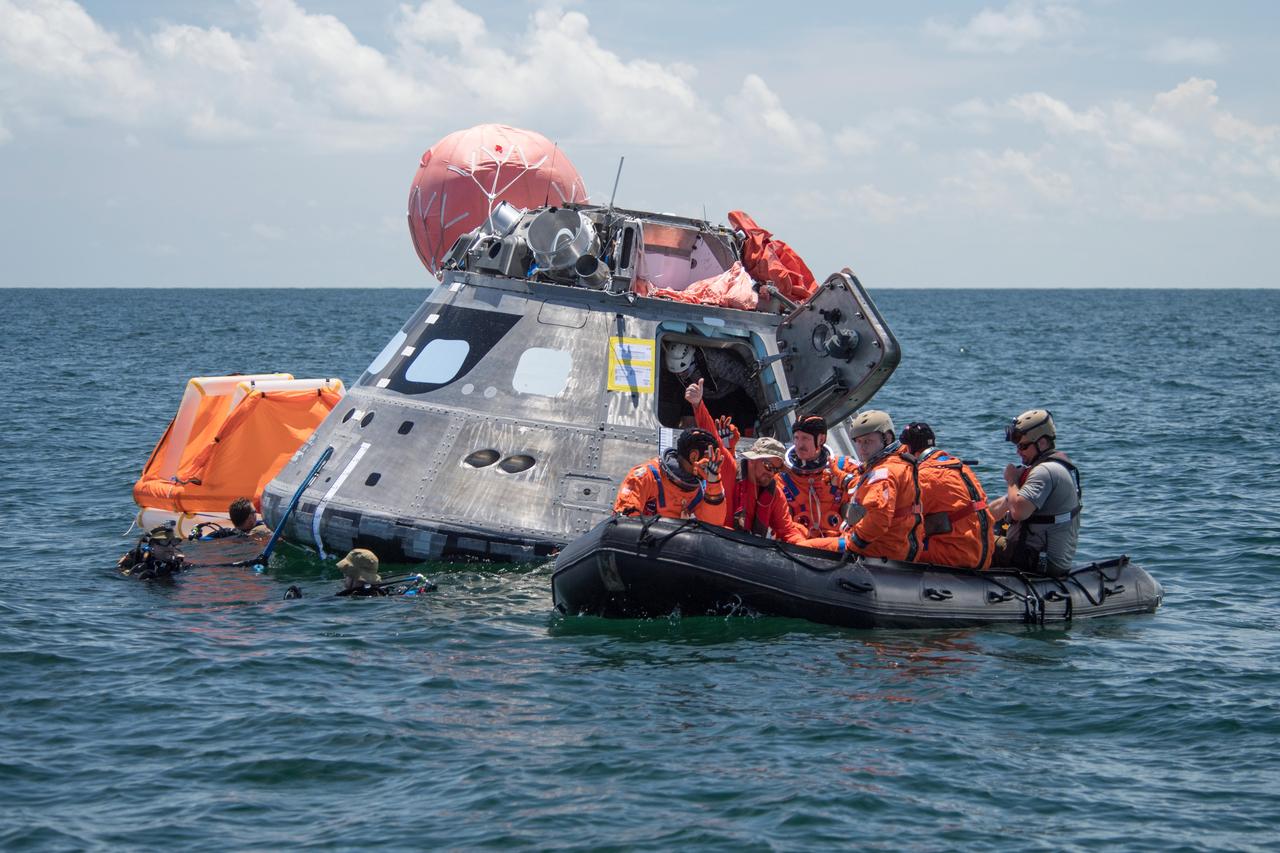 When astronauts return to Earth from destinations beyond the Moon in NASA’s Orion spacecraft and splashdown in the Pacific Ocean, they’ll still need to safely get out of the spacecraft and back on dry land. Using the waters off the coast of Galveston, Texas, a NASA and Department of Defense team test Orion exit procedures in a variety of scenarios on July 11, 2017. Part of Batch images transfer from Flickr.