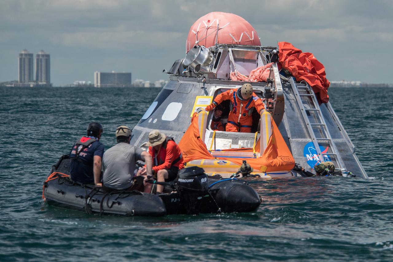 When astronauts return to Earth from destinations beyond the Moon in NASA’s Orion spacecraft and splashdown in the Pacific Ocean, they’ll still need to safely get out of the spacecraft and back on dry land. Using the waters off the coast of Galveston, Texas, a NASA and Department of Defense team test Orion exit procedures in a variety of scenarios on July 11, 2017. Part of Batch images transfer from Flickr.