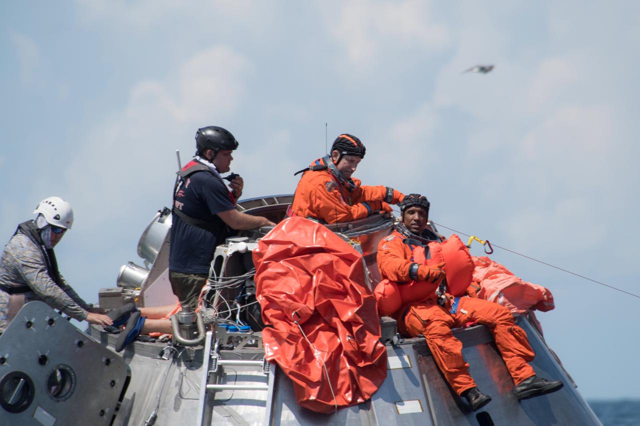 When astronauts return to Earth from destinations beyond the Moon in NASA’s Orion spacecraft and splashdown in the Pacific Ocean, they’ll still need to safely get out of the spacecraft and back on dry land. Using the waters off the coast of Galveston, Texas, a NASA and Department of Defense team test Orion exit procedures in a variety of scenarios on July 11, 2017. Part of Batch images transfer from Flickr.