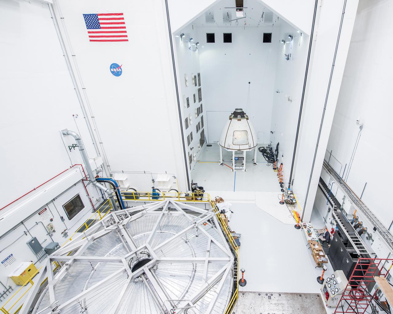 The ogive panels protect Orion's crew module from harsh acoustic conditions at launch and in case of an abort. Acoustic testing of the ogive hatch starts today at Space Power Facility at NASA Glenn Research Center's Plum Brook station in Sandusky, Ohio takes place on July 19, 2017. The ogive is installed in the Reverberant Acoustic Chamber where it will be blasted with 161 db of sound to simulate launch conditions.