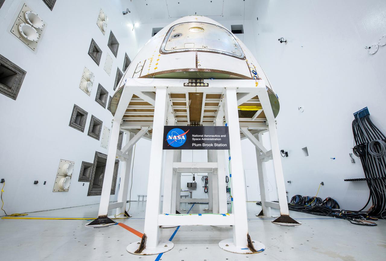 The ogive panels protect Orion's crew module from harsh acoustic conditions at launch and in case of an abort. Acoustic testing of the ogive hatch starts today at Space Power Facility at NASA Glenn Research Center's Plum Brook station in Sandusky, Ohio takes place on July 19, 2017. The ogive is installed in the Reverberant Acoustic Chamber where it will be blasted with 161 db of sound to simulate launch conditions.