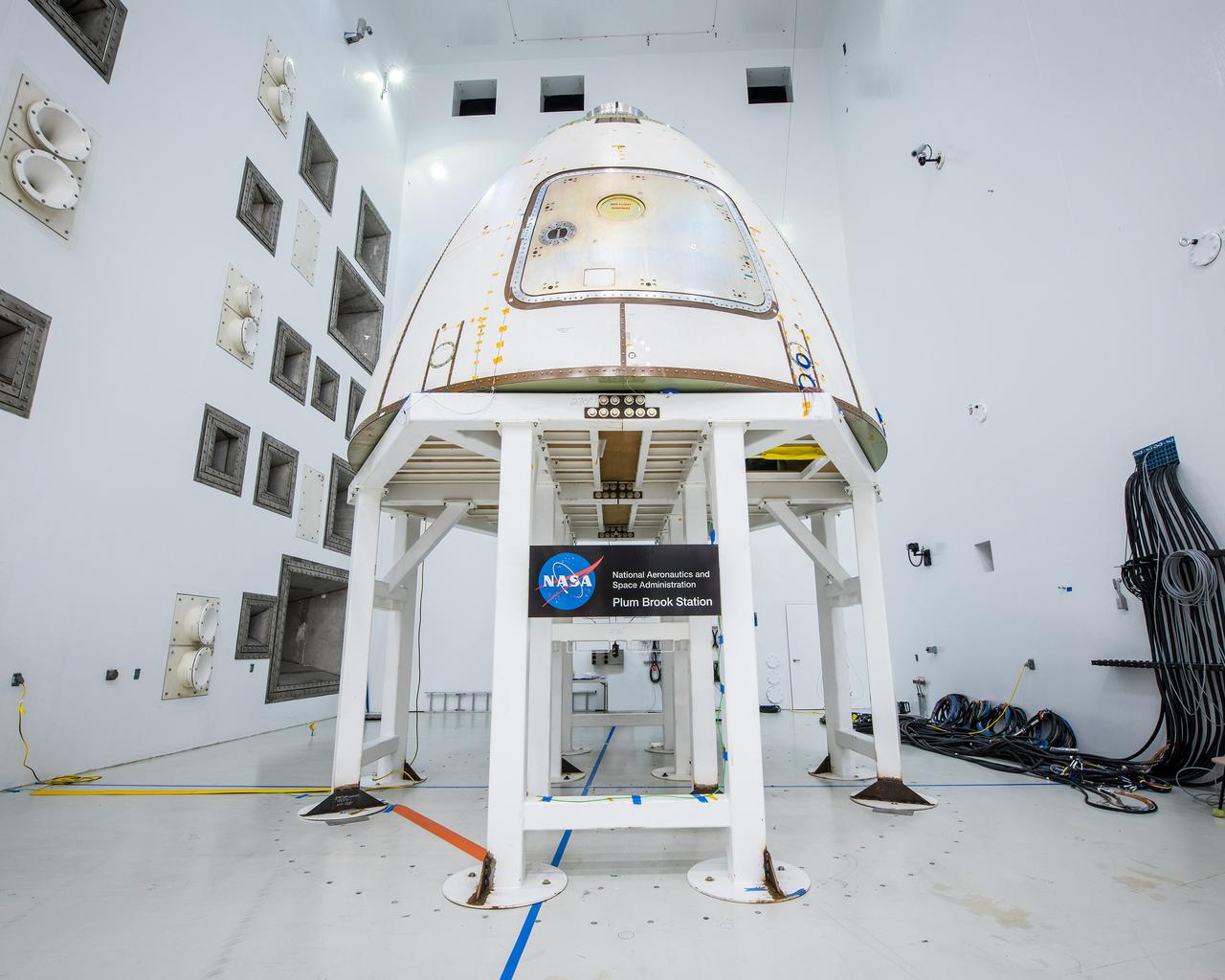 The ogive panels protect Orion's crew module from harsh acoustic conditions at launch and in case of an abort. Acoustic testing of the ogive hatch starts today at Space Power Facility at NASA Glenn Research Center's Plum Brook station in Sandusky, Ohio takes place on July 19, 2017. The ogive is installed in the Reverberant Acoustic Chamber where it will be blasted with 161 db of sound to simulate launch conditions.