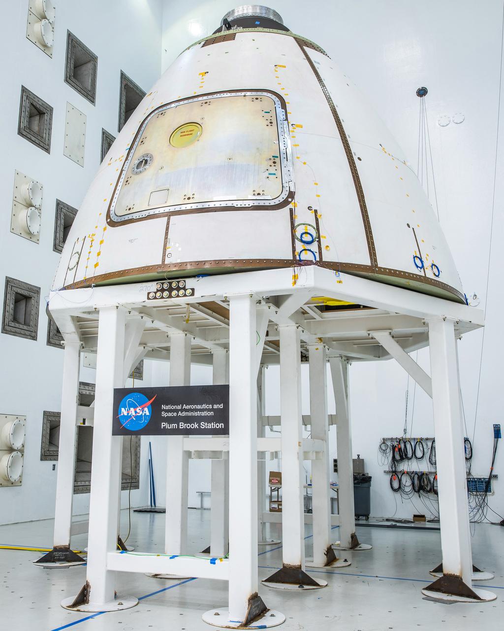 The ogive panels protect Orion's crew module from harsh acoustic conditions at launch and in case of an abort. Acoustic testing of the ogive hatch starts today at Space Power Facility at NASA Glenn Research Center's Plum Brook station in Sandusky, Ohio takes place on July 19, 2017. The ogive is installed in the Reverberant Acoustic Chamber where it will be blasted with 161 db of sound to simulate launch conditions.