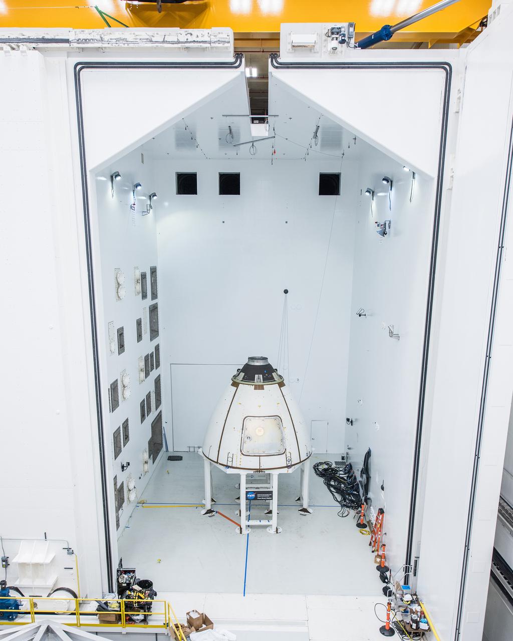 The ogive panels protect Orion's crew module from harsh acoustic conditions at launch and in case of an abort. Acoustic testing of the ogive hatch starts today at Space Power Facility at NASA Glenn Research Center's Plum Brook station in Sandusky, Ohio takes place on July 19, 2017. The ogive is installed in the Reverberant Acoustic Chamber where it will be blasted with 161 db of sound to simulate launch conditions.