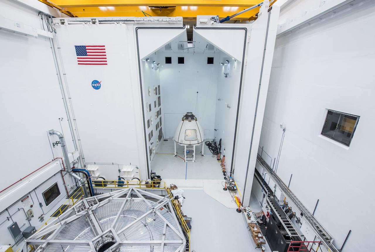 The ogive panels protect Orion's crew module from harsh acoustic conditions at launch and in case of an abort. Acoustic testing of the ogive hatch starts today at Space Power Facility at NASA Glenn Research Center's Plum Brook station in Sandusky, Ohio takes place on July 19, 2017. The ogive is installed in the Reverberant Acoustic Chamber where it will be blasted with 161 db of sound to simulate launch conditions.