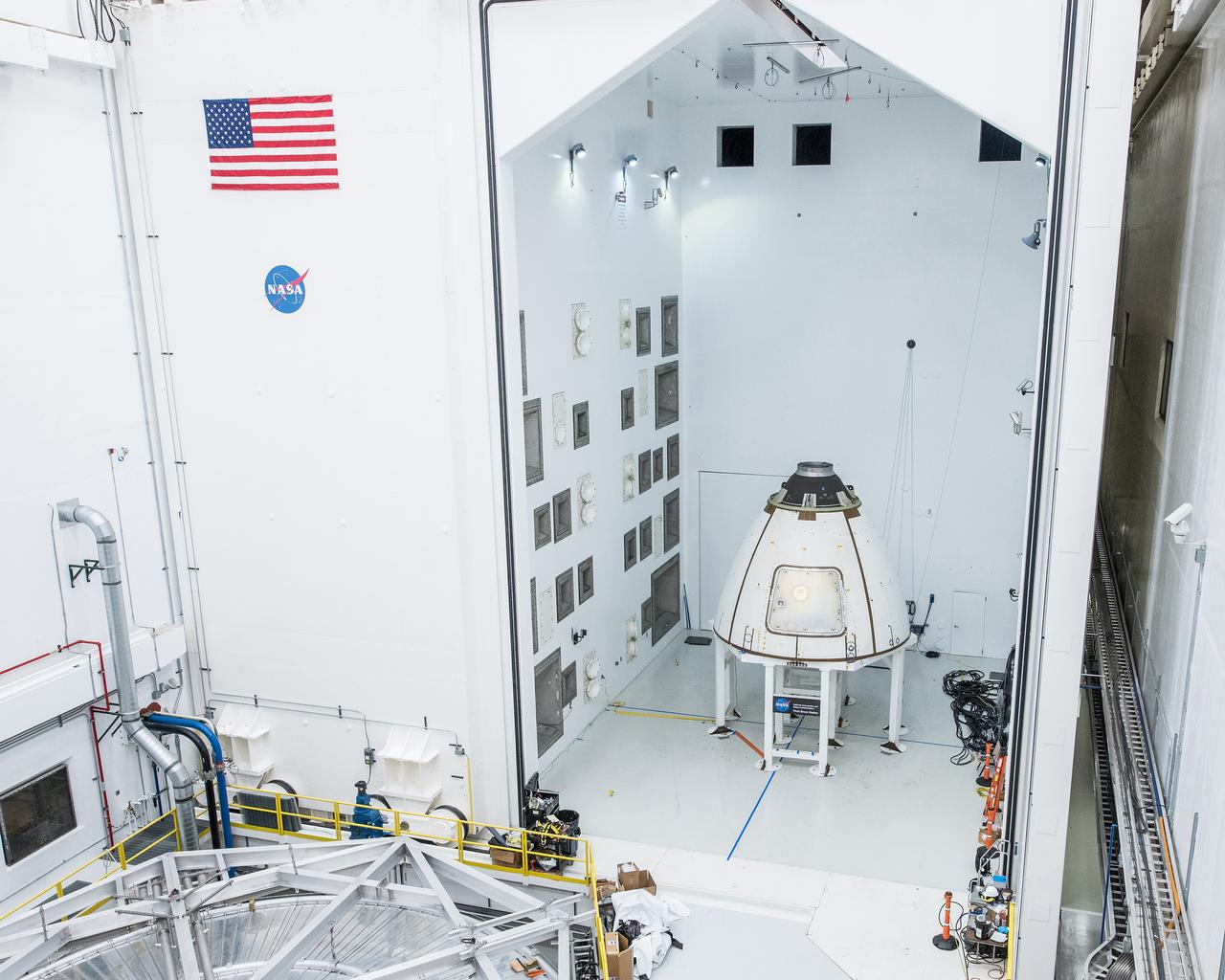 The ogive panels protect Orion's crew module from harsh acoustic conditions at launch and in case of an abort. Acoustic testing of the ogive hatch starts today at Space Power Facility at NASA Glenn Research Center's Plum Brook station in Sandusky, Ohio takes place on July 19, 2017. The ogive is installed in the Reverberant Acoustic Chamber where it will be blasted with 161 db of sound to simulate launch conditions.