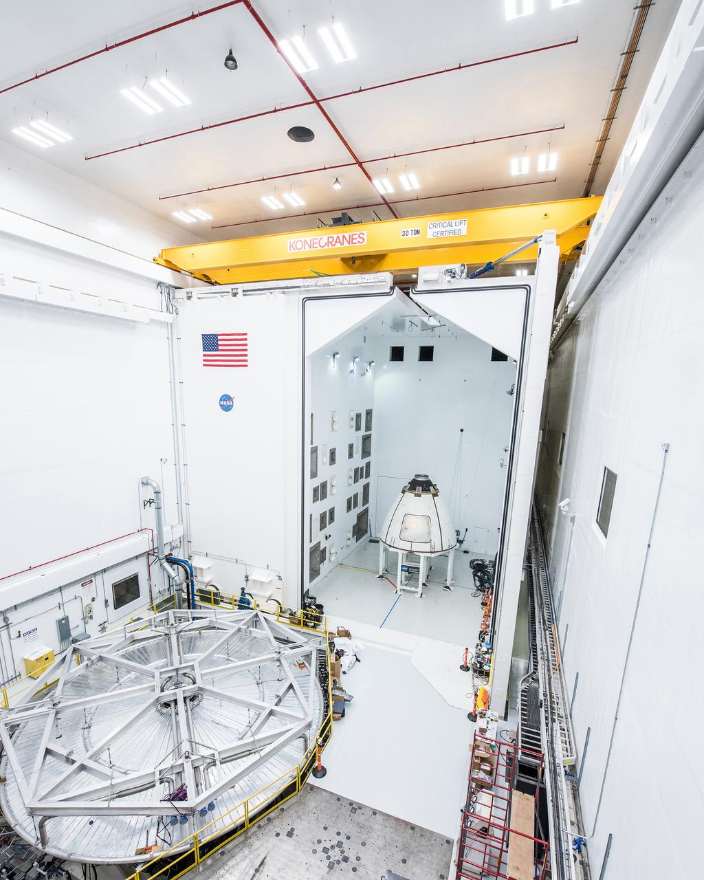 The ogive panels protect Orion's crew module from harsh acoustic conditions at launch and in case of an abort. Acoustic testing of the ogive hatch starts today at Space Power Facility at NASA Glenn Research Center's Plum Brook station in Sandusky, Ohio takes place on July 19, 2017. The ogive is installed in the Reverberant Acoustic Chamber where it will be blasted with 161 db of sound to simulate launch conditions.