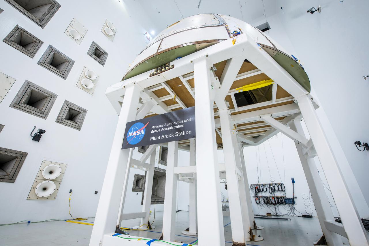 The ogive panels protect Orion's crew module from harsh acoustic conditions at launch and in case of an abort. Acoustic testing of the ogive hatch starts today at Space Power Facility at NASA Glenn Research Center's Plum Brook station in Sandusky, Ohio takes place on July 19, 2017. The ogive is installed in the Reverberant Acoustic Chamber where it will be blasted with 161 db of sound to simulate launch conditions.