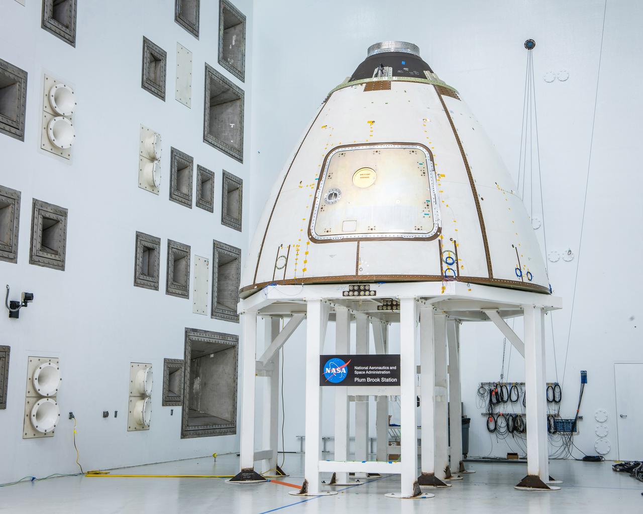 The ogive panels protect Orion's crew module from harsh acoustic conditions at launch and in case of an abort. Acoustic testing of the ogive hatch starts today at Space Power Facility at NASA Glenn Research Center's Plum Brook station in Sandusky, Ohio takes place on July 19, 2017. The ogive is installed in the Reverberant Acoustic Chamber where it will be blasted with 161 db of sound to simulate launch conditions.