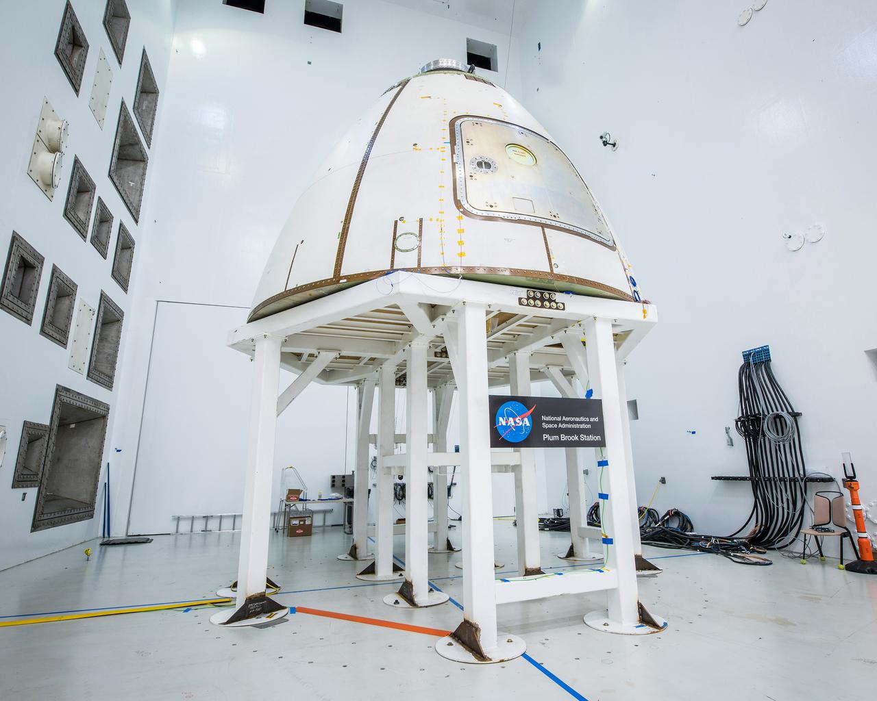 The ogive panels protect Orion's crew module from harsh acoustic conditions at launch and in case of an abort. Acoustic testing of the ogive hatch starts today at Space Power Facility at NASA Glenn Research Center's Plum Brook station in Sandusky, Ohio takes place on July 19, 2017. The ogive is installed in the Reverberant Acoustic Chamber where it will be blasted with 161 db of sound to simulate launch conditions.