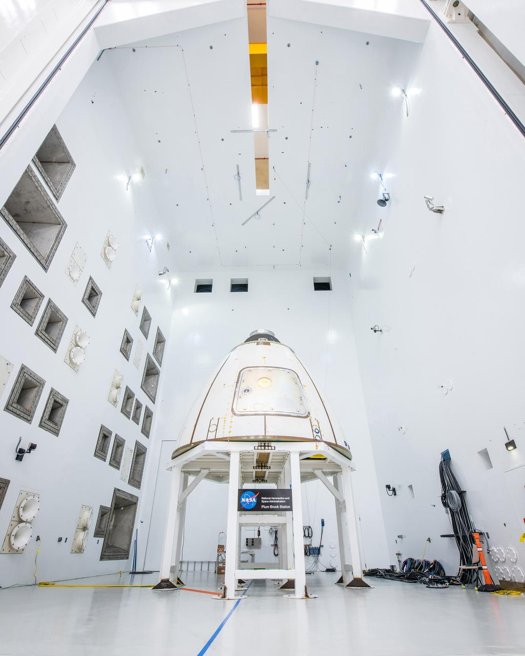 The ogive panels protect Orion's crew module from harsh acoustic conditions at launch and in case of an abort. Acoustic testing of the ogive hatch starts today at Space Power Facility at NASA Glenn Research Center's Plum Brook station in Sandusky, Ohio takes place on July 19, 2017. The ogive is installed in the Reverberant Acoustic Chamber where it will be blasted with 161 db of sound to simulate launch conditions.
