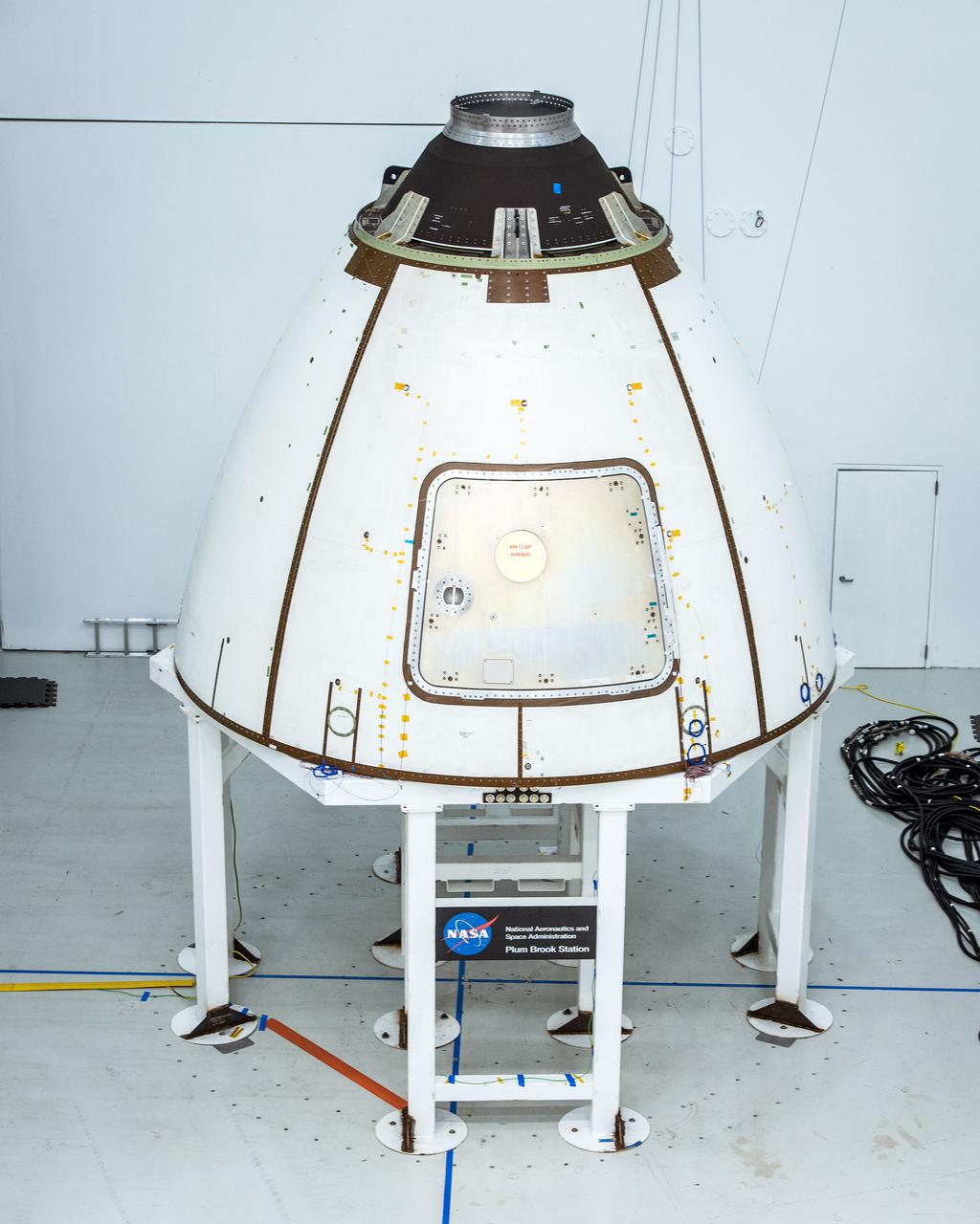 The ogive panels protect Orion's crew module from harsh acoustic conditions at launch and in case of an abort. Acoustic testing of the ogive hatch starts today at Space Power Facility at NASA Glenn Research Center's Plum Brook station in Sandusky, Ohio takes place on July 19, 2017. The ogive is installed in the Reverberant Acoustic Chamber where it will be blasted with 161 db of sound to simulate launch conditions.