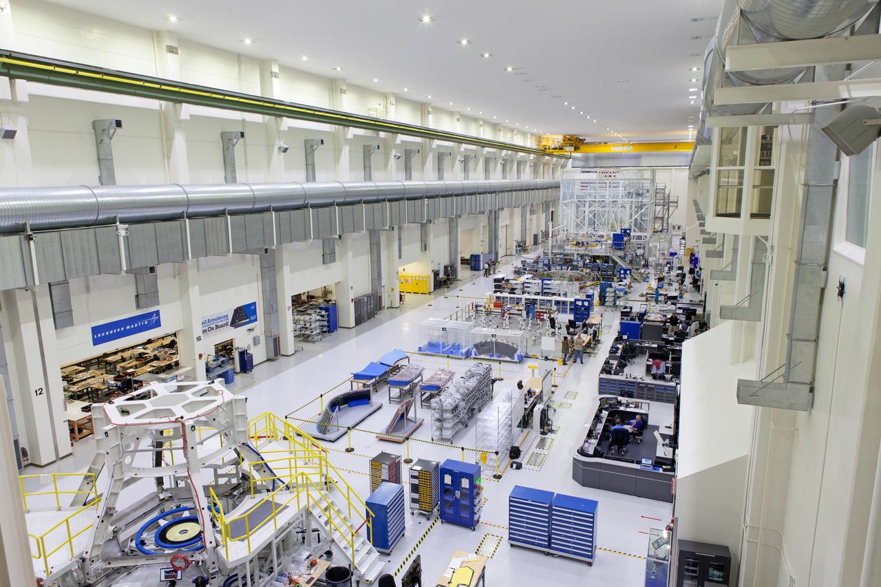 A variety of space hardware for the Orion crew module is in view in the Neil Armstrong Operations and Checkout Building high bay at NASA's Kennedy Space Center in Florida on Oct. 3, 2017. Orion is undergoing processing to prepare it for its first uncrewed integrated flight atop the Space Launch System rocket on Artemis I.