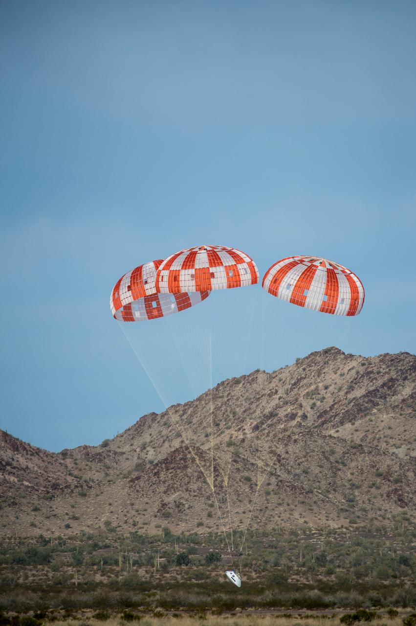 NASA successfully tested the Orion spacecraft’s parachute system on March 16, 2018 at the U.S. Army Proving Ground in Yuma, Arizona. It was the first time engineers intentionally failed one of the system’s three Forward Bay Cover parachutes. The Forward Bay Cover protects the upper part of Orion throughout its mission, but must be jettisoned during landing so the rest of Orion’s parachutes can deploy. Engineers are nearing completion of the series of tests to qualify the parachute system for flights with crew.