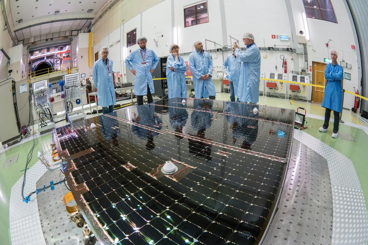The solar arrays that will provide electricity to the Orion spacecraft were put through launch-day paces at ESA’s Test Centre in the Netherlands to verify that they can handle the rigours of the trip around the Moon... .The wings are seen here on April 11, 2018, on the shaking table that vibrates with the full force of a rumbling rocket. They were also placed in front of enormous speakers that recreate the harsh conditions they can expect on launch day. The solar arrays passed with flying colours... .The wings will be tested on how they deploy before shipping to Bremen, Germany, for integration with the European service module. ESA’s contribution to the Orion mission will provide power, propulsion, water, and air... .The first mission will take Orion around the Moon without astronauts. The solar panels will be folded inside the rocket fairing, once released from NASA’s Space Launch System rocket they will unfold and rotate towards the Sun to start delivering power... .With solar wings tested and fuel tanks installed, Orion is one step closer to its maiden voyage.