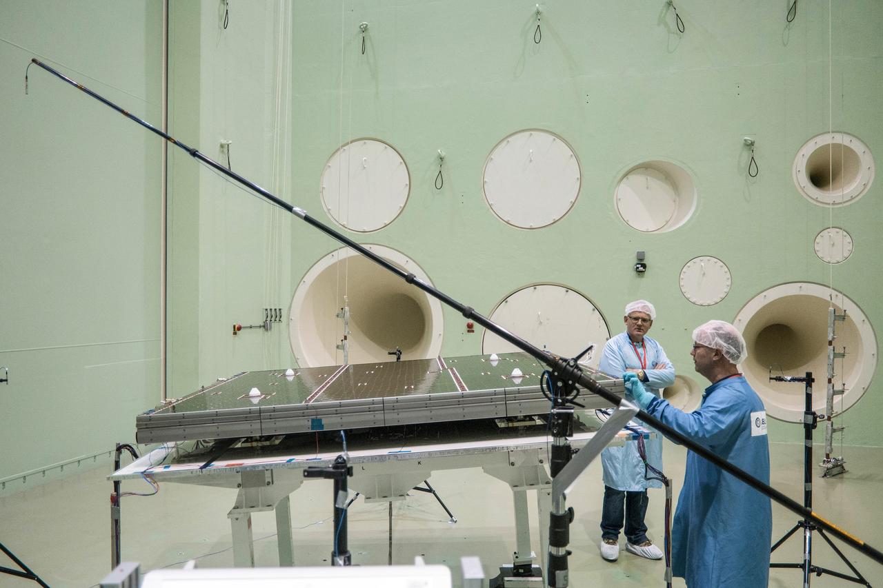 The solar arrays that will provide electricity to the Orion spacecraft were put through launch-day paces at ESA’s Test Centre in the Netherlands to verify that they can handle the rigours of the trip around the Moon... .The wings are seen here on April 11, 2018, on the shaking table that vibrates with the full force of a rumbling rocket. They were also placed in front of enormous speakers that recreate the harsh conditions they can expect on launch day. The solar arrays passed with flying colours... .The wings will be tested on how they deploy before shipping to Bremen, Germany, for integration with the European service module. ESA’s contribution to the Orion mission will provide power, propulsion, water, and air... .The first mission will take Orion around the Moon without astronauts. The solar panels will be folded inside the rocket fairing, once released from NASA’s Space Launch System rocket they will unfold and rotate towards the Sun to start delivering power... .With solar wings tested and fuel tanks installed, Orion is one step closer to its maiden voyage.