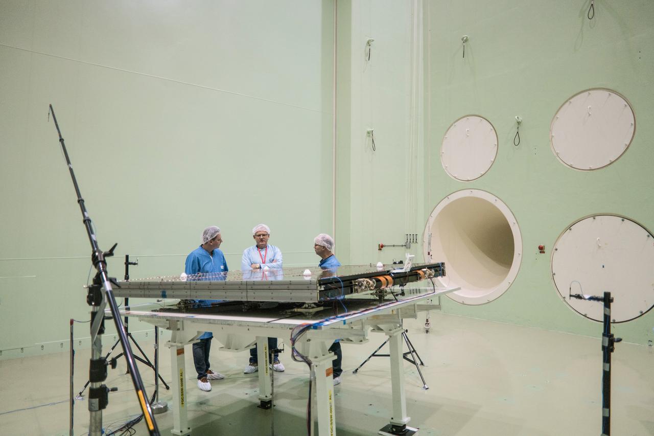 The solar arrays that will provide electricity to the Orion spacecraft were put through launch-day paces at ESA’s Test Centre in the Netherlands to verify that they can handle the rigours of the trip around the Moon... .The wings are seen here on April 11, 2018, on the shaking table that vibrates with the full force of a rumbling rocket. They were also placed in front of enormous speakers that recreate the harsh conditions they can expect on launch day. The solar arrays passed with flying colours... .The wings will be tested on how they deploy before shipping to Bremen, Germany, for integration with the European service module. ESA’s contribution to the Orion mission will provide power, propulsion, water, and air... .The first mission will take Orion around the Moon without astronauts. The solar panels will be folded inside the rocket fairing, once released from NASA’s Space Launch System rocket they will unfold and rotate towards the Sun to start delivering power... .With solar wings tested and fuel tanks installed, Orion is one step closer to its maiden voyage.