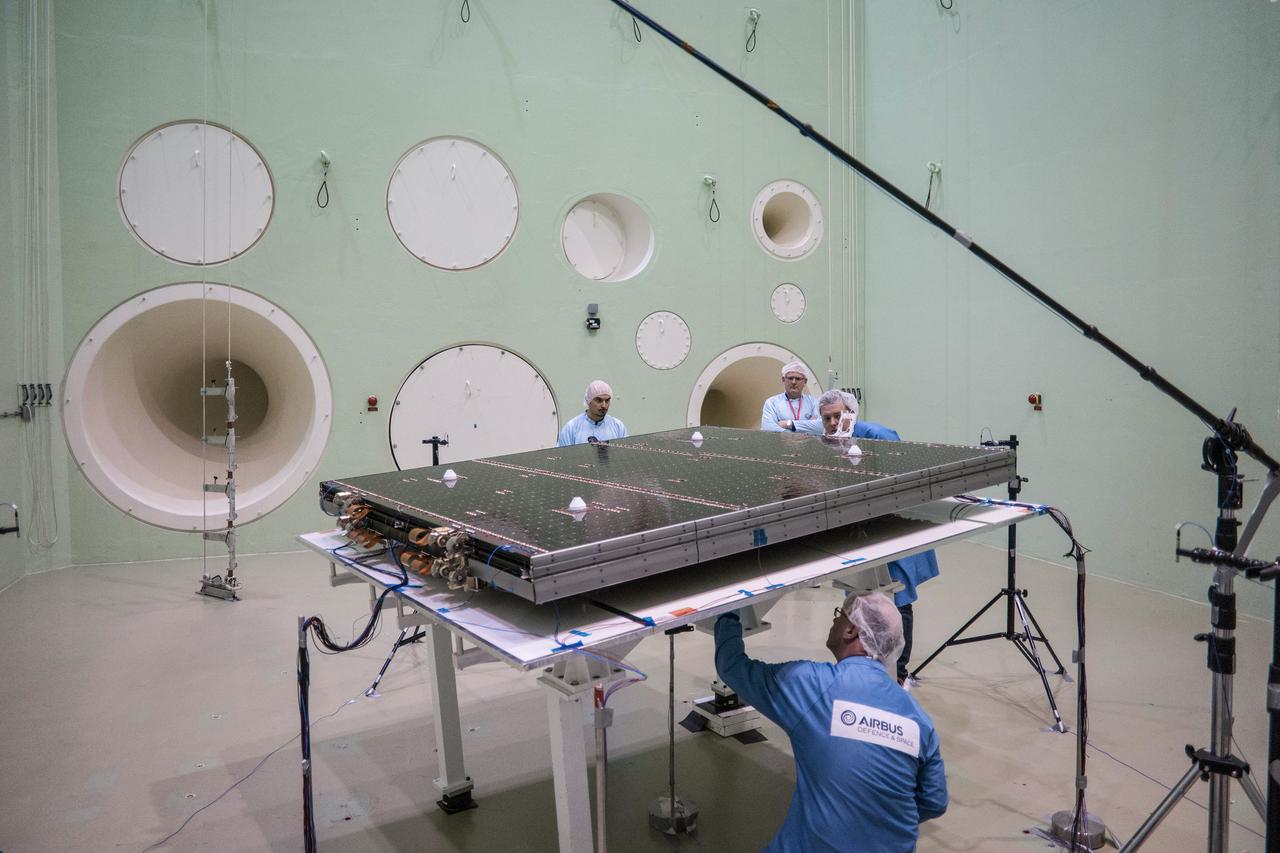 The solar arrays that will provide electricity to the Orion spacecraft were put through launch-day paces at ESA’s Test Centre in the Netherlands to verify that they can handle the rigours of the trip around the Moon... .The wings are seen here on April 11, 2018, on the shaking table that vibrates with the full force of a rumbling rocket. They were also placed in front of enormous speakers that recreate the harsh conditions they can expect on launch day. The solar arrays passed with flying colours... .The wings will be tested on how they deploy before shipping to Bremen, Germany, for integration with the European service module. ESA’s contribution to the Orion mission will provide power, propulsion, water, and air... .The first mission will take Orion around the Moon without astronauts. The solar panels will be folded inside the rocket fairing, once released from NASA’s Space Launch System rocket they will unfold and rotate towards the Sun to start delivering power... .With solar wings tested and fuel tanks installed, Orion is one step closer to its maiden voyage.