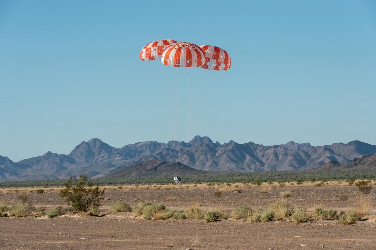 NASA has completes the final test to qualify Orion’s parachute system for flights with astronauts, checking off an important milestone on the path to send humans on missions to the Moon and beyond on Sept. 12, 2018...Over the course of eight tests at the U.S. Army’s Yuma Proving Ground in Arizona, engineers have evaluated the performance of Orion’s parachute system during normal landing sequences as well as several failure scenarios and a variety of potential aerodynamic conditions to ensure astronauts can return safely from deep space missions.