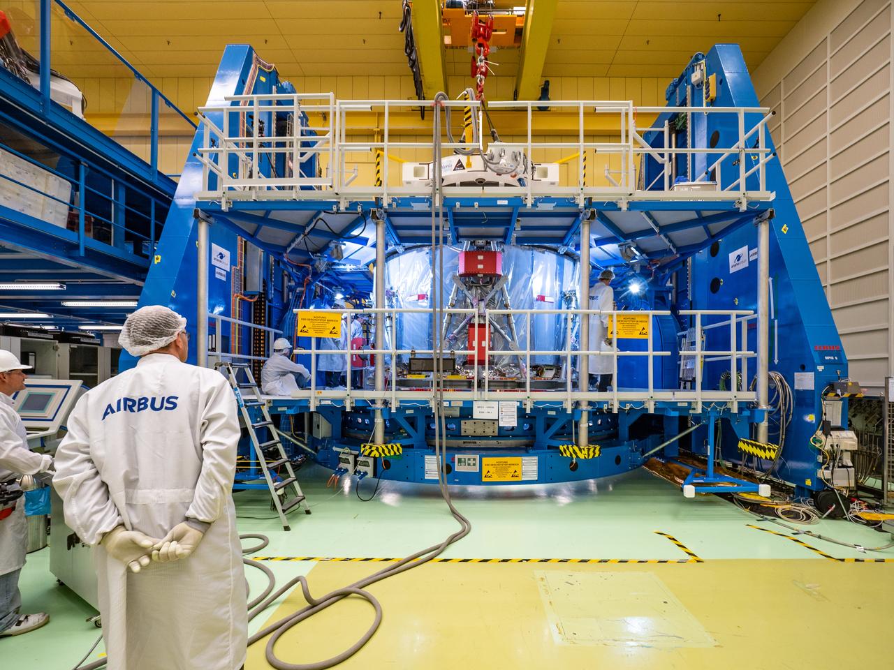 Technicians at the Airbus facility in Bremen, Germany weigh the European Service Module on Oct. 31, 2018 ahead of shipment to Kennedy Space Center. The service module will depart Germany on November 5th, 2018 and will arrive in the U.S. on November 6...For the first time, NASA will use a European-built system as a critical element to power an American spacecraft, extending the international cooperation of the International Space Station into deep space. The European Service Module is a unique collaboration across space agencies and industry including ESA’s prime contractor, Airbus, and 10 European countries. The completion of service module work in Europe and shipment to Kennedy signifies a major milestone toward NASA’s human deep space exploration missions to the Moon and beyond.