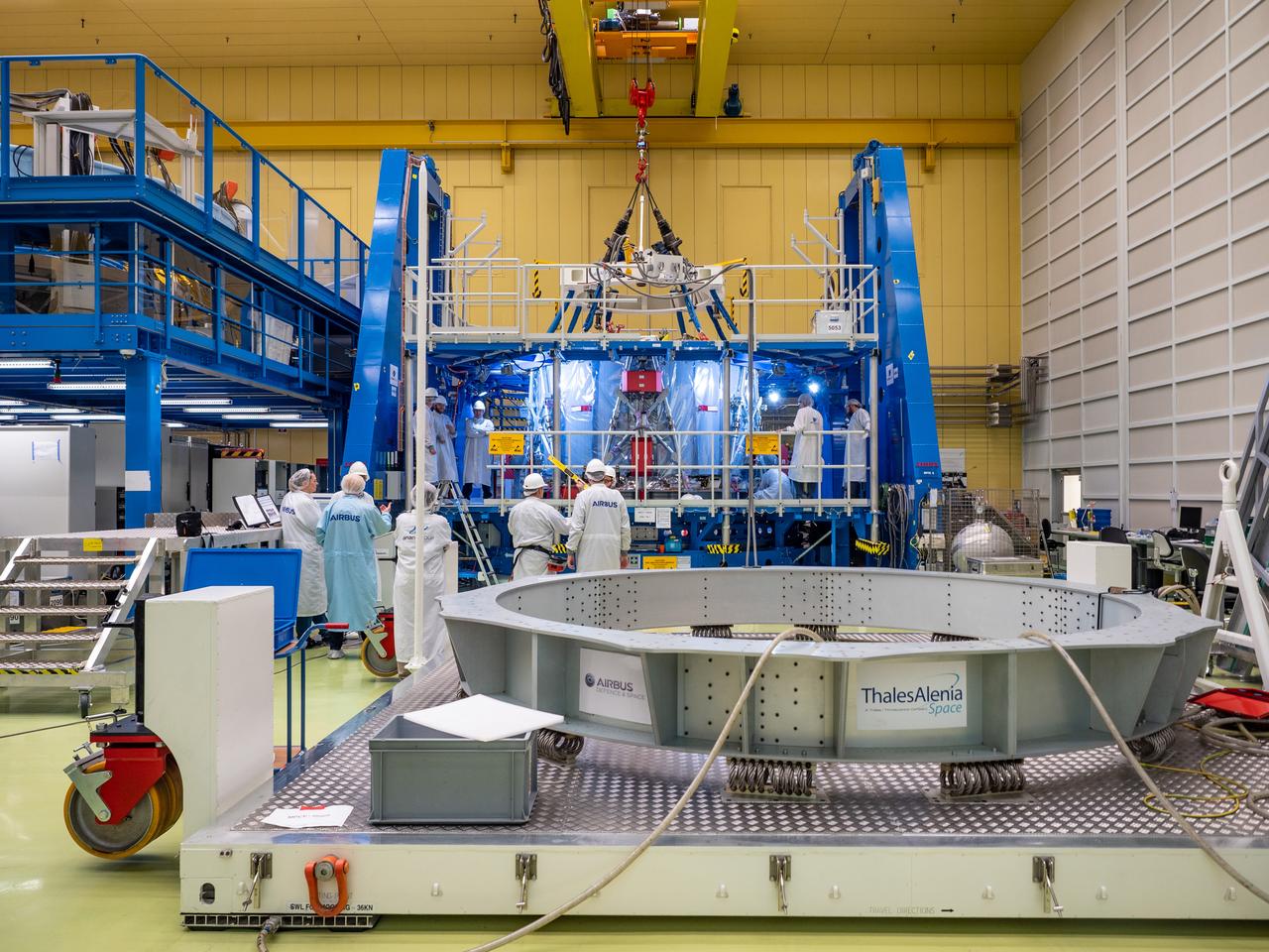 Technicians at the Airbus facility in Bremen, Germany weigh the European Service Module on Oct. 31, 2018 ahead of shipment to Kennedy Space Center. The service module will depart Germany on November 5th, 2018 and will arrive in the U.S. on November 6...For the first time, NASA will use a European-built system as a critical element to power an American spacecraft, extending the international cooperation of the International Space Station into deep space. The European Service Module is a unique collaboration across space agencies and industry including ESA’s prime contractor, Airbus, and 10 European countries. The completion of service module work in Europe and shipment to Kennedy signifies a major milestone toward NASA’s human deep space exploration missions to the Moon and beyond.
