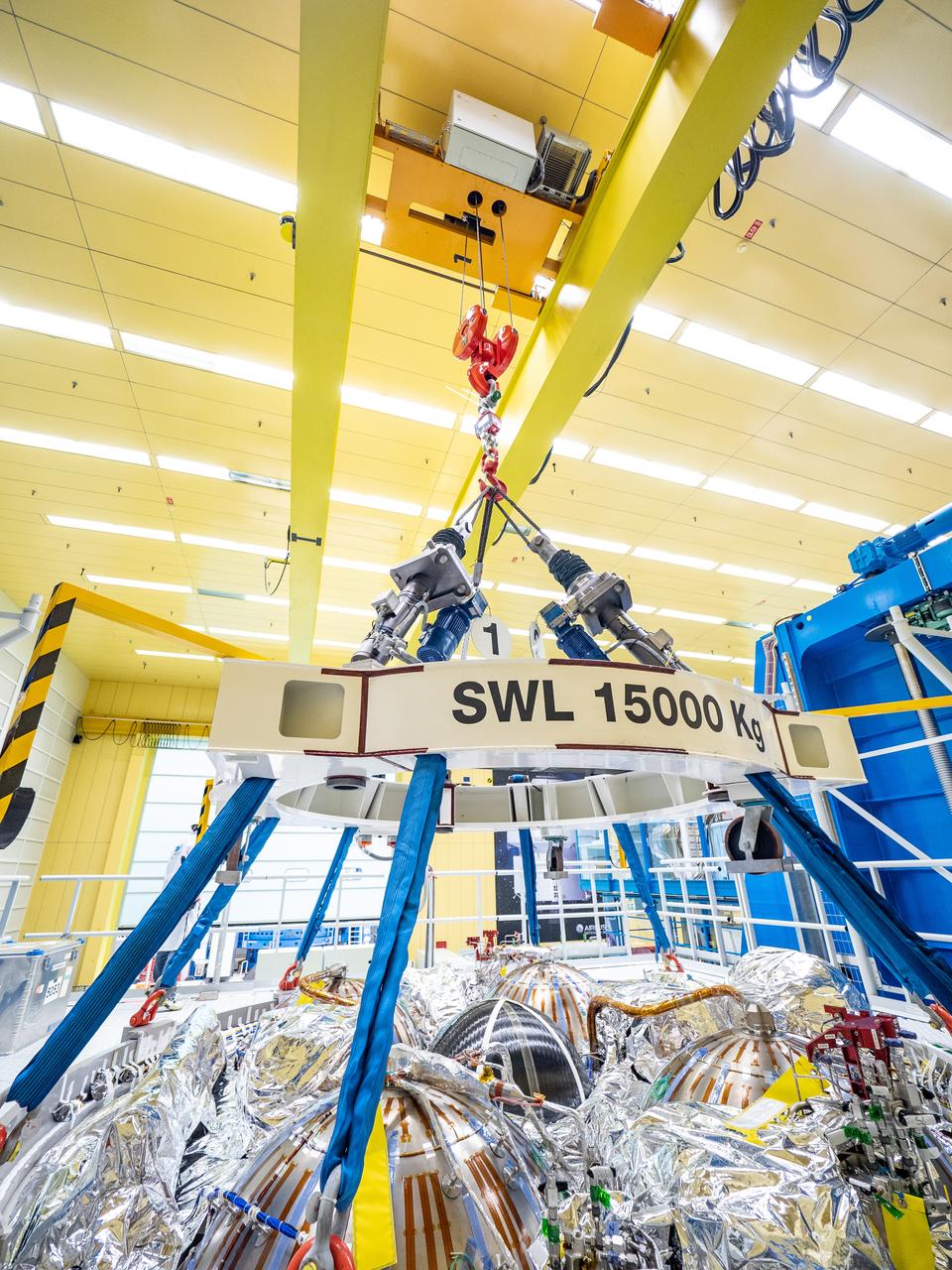 Technicians at the Airbus facility in Bremen, Germany weigh the European Service Module on Oct. 31, 2018 ahead of shipment to Kennedy Space Center. The service module will depart Germany on November 5th, 2018 and will arrive in the U.S. on November 6...For the first time, NASA will use a European-built system as a critical element to power an American spacecraft, extending the international cooperation of the International Space Station into deep space. The European Service Module is a unique collaboration across space agencies and industry including ESA’s prime contractor, Airbus, and 10 European countries. The completion of service module work in Europe and shipment to Kennedy signifies a major milestone toward NASA’s human deep space exploration missions to the Moon and beyond.