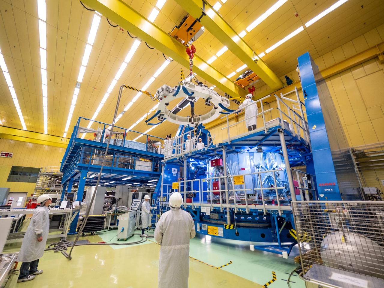 Technicians at the Airbus facility in Bremen, Germany weigh the European Service Module on Oct. 31, 2018 ahead of shipment to Kennedy Space Center. The service module will depart Germany on November 5th, 2018 and will arrive in the U.S. on November 6...For the first time, NASA will use a European-built system as a critical element to power an American spacecraft, extending the international cooperation of the International Space Station into deep space. The European Service Module is a unique collaboration across space agencies and industry including ESA’s prime contractor, Airbus, and 10 European countries. The completion of service module work in Europe and shipment to Kennedy signifies a major milestone toward NASA’s human deep space exploration missions to the Moon and beyond.