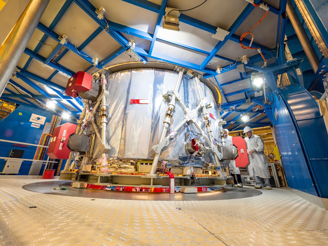 Technicians at the Airbus facility in Bremen, Germany weigh the European Service Module on Oct. 31, 2018 ahead of shipment to Kennedy Space Center. The service module will depart Germany on November 5th, 2018 and will arrive in the U.S. on November 6...For the first time, NASA will use a European-built system as a critical element to power an American spacecraft, extending the international cooperation of the International Space Station into deep space. The European Service Module is a unique collaboration across space agencies and industry including ESA’s prime contractor, Airbus, and 10 European countries. The completion of service module work in Europe and shipment to Kennedy signifies a major milestone toward NASA’s human deep space exploration missions to the Moon and beyond.