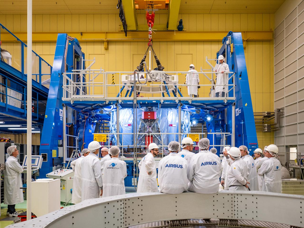Technicians at the Airbus facility in Bremen, Germany weigh the European Service Module on Oct. 31, 2018 ahead of shipment to Kennedy Space Center. The service module will depart Germany on November 5th, 2018 and will arrive in the U.S. on November 6...For the first time, NASA will use a European-built system as a critical element to power an American spacecraft, extending the international cooperation of the International Space Station into deep space. The European Service Module is a unique collaboration across space agencies and industry including ESA’s prime contractor, Airbus, and 10 European countries. The completion of service module work in Europe and shipment to Kennedy signifies a major milestone toward NASA’s human deep space exploration missions to the Moon and beyond.