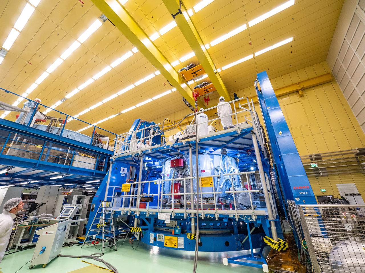Technicians at the Airbus facility in Bremen, Germany weigh the European Service Module on Oct. 31, 2018 ahead of shipment to Kennedy Space Center. The service module will depart Germany on November 5th, 2018 and will arrive in the U.S. on November 6...For the first time, NASA will use a European-built system as a critical element to power an American spacecraft, extending the international cooperation of the International Space Station into deep space. The European Service Module is a unique collaboration across space agencies and industry including ESA’s prime contractor, Airbus, and 10 European countries. The completion of service module work in Europe and shipment to Kennedy signifies a major milestone toward NASA’s human deep space exploration missions to the Moon and beyond.