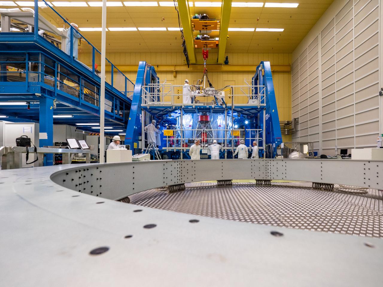 Technicians at the Airbus facility in Bremen, Germany weigh the European Service Module on Oct. 31, 2018 ahead of shipment to Kennedy Space Center. The service module will depart Germany on November 5th, 2018 and will arrive in the U.S. on November 6...For the first time, NASA will use a European-built system as a critical element to power an American spacecraft, extending the international cooperation of the International Space Station into deep space. The European Service Module is a unique collaboration across space agencies and industry including ESA’s prime contractor, Airbus, and 10 European countries. The completion of service module work in Europe and shipment to Kennedy signifies a major milestone toward NASA’s human deep space exploration missions to the Moon and beyond.