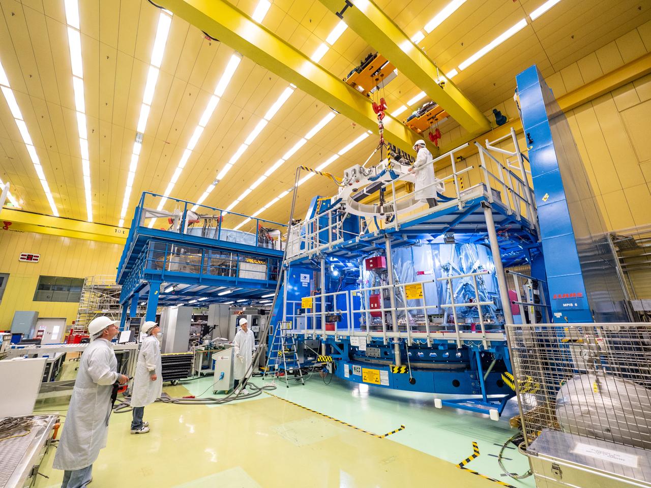 Technicians at the Airbus facility in Bremen, Germany weigh the European Service Module on Oct. 31, 2018 ahead of shipment to Kennedy Space Center. The service module will depart Germany on November 5th, 2018 and will arrive in the U.S. on November 6...For the first time, NASA will use a European-built system as a critical element to power an American spacecraft, extending the international cooperation of the International Space Station into deep space. The European Service Module is a unique collaboration across space agencies and industry including ESA’s prime contractor, Airbus, and 10 European countries. The completion of service module work in Europe and shipment to Kennedy signifies a major milestone toward NASA’s human deep space exploration missions to the Moon and beyond.