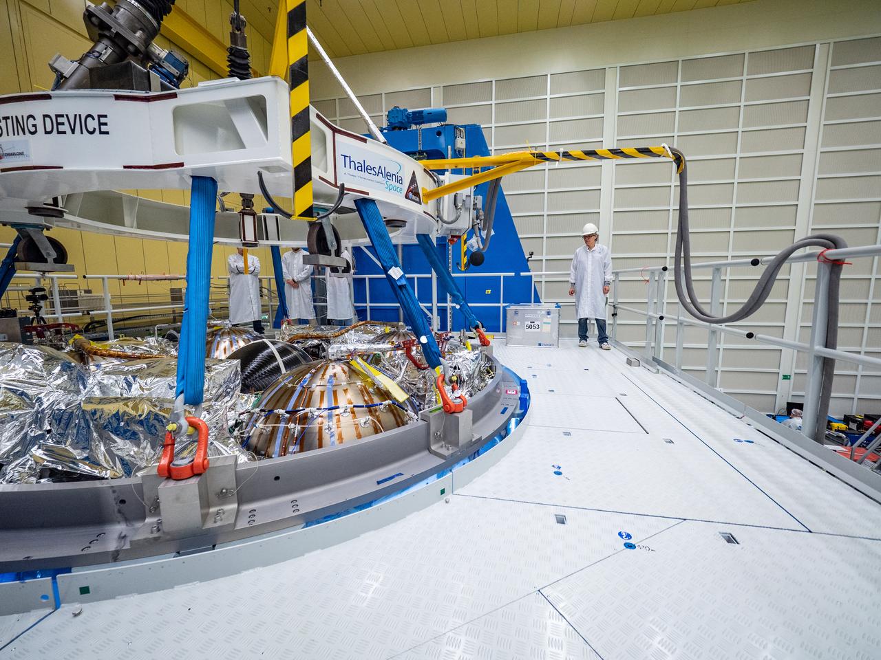 Technicians at the Airbus facility in Bremen, Germany weigh the European Service Module on Oct. 31, 2018 ahead of shipment to Kennedy Space Center. The service module will depart Germany on November 5th, 2018 and will arrive in the U.S. on November 6...For the first time, NASA will use a European-built system as a critical element to power an American spacecraft, extending the international cooperation of the International Space Station into deep space. The European Service Module is a unique collaboration across space agencies and industry including ESA’s prime contractor, Airbus, and 10 European countries. The completion of service module work in Europe and shipment to Kennedy signifies a major milestone toward NASA’s human deep space exploration missions to the Moon and beyond.
