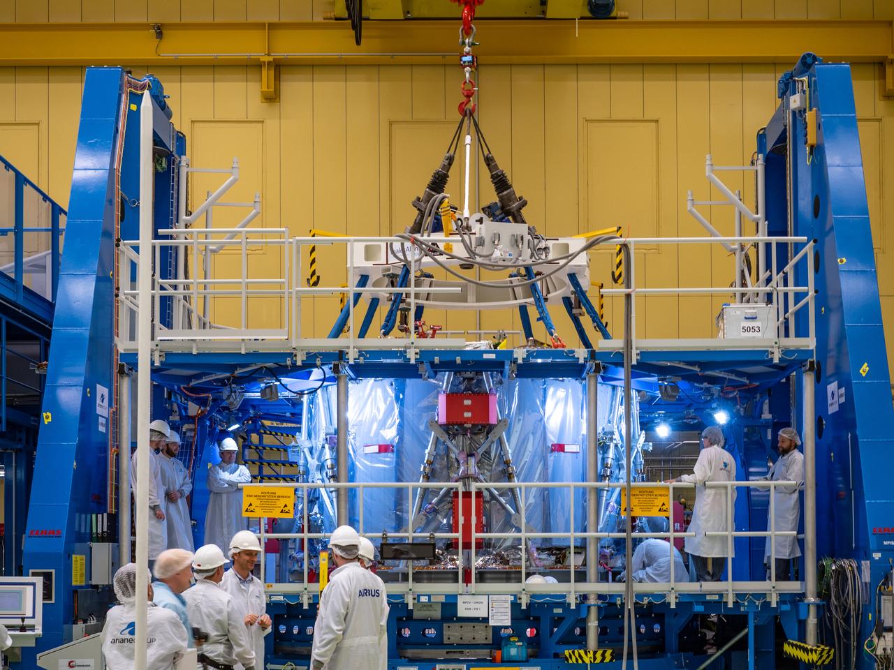 Technicians at the Airbus facility in Bremen, Germany weigh the European Service Module on Oct. 31, 2018 ahead of shipment to Kennedy Space Center. The service module will depart Germany on November 5th, 2018 and will arrive in the U.S. on November 6...For the first time, NASA will use a European-built system as a critical element to power an American spacecraft, extending the international cooperation of the International Space Station into deep space. The European Service Module is a unique collaboration across space agencies and industry including ESA’s prime contractor, Airbus, and 10 European countries. The completion of service module work in Europe and shipment to Kennedy signifies a major milestone toward NASA’s human deep space exploration missions to the Moon and beyond.
